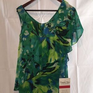 NWT R&M Richards Asymetric Cocktail Dress | Blue and Green Print | Size 6